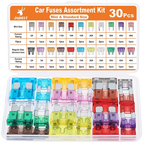 JOREST 30Pcs Kfz Sicherung Set, 15 Mini Flachsicherungen Auto + 15 Standard sicherungen kfz - für PKW/Wohnmobil/LKW/Motorrad (2 Ampere 3A 5A 7.5A 10A 15A 20A 25A 30A 35A 40A)