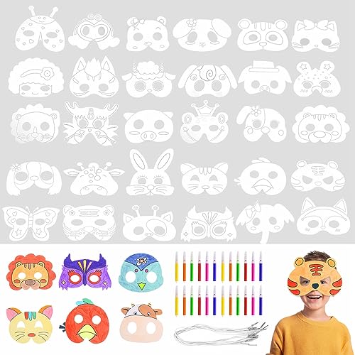 Toivize 32 Stück Tiermasken für Kinder, Blanko Masken zum Ausmalen Kreative Masken Kinder mit Elastische Schnur und Aquarellstifte für Halloween, Weihnachten, Bühnenaufführungen, Themenpartys
