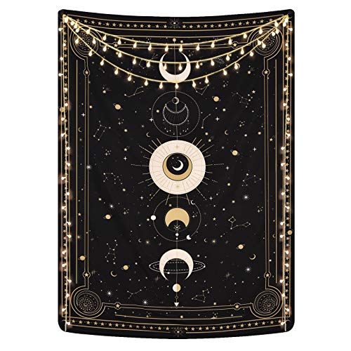 Yugarlibi Mondphasen Wandteppich Mysteriöser Konstellation Sternenhimmel Tarotkarten Wandbehang Ästhetische Retro Astrologie Wandkunst für Schlafzimmer Wohnzimmer Schwarz 150x130cm