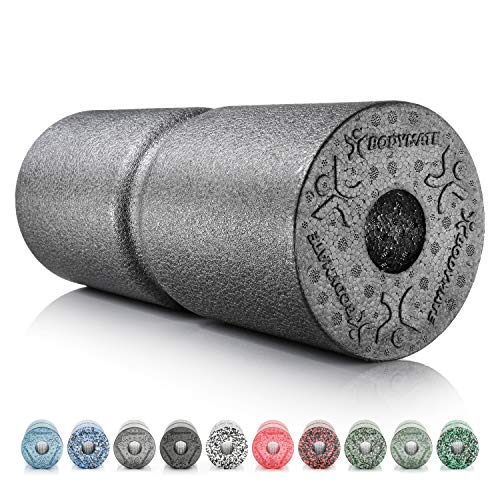 BODYMATE Faszienrolle CARE Mittel-Hart mit umlaufender Rille zu Wirbelsäulen-Entlastung mit E-Book - Carbon-Grey 35x14cm