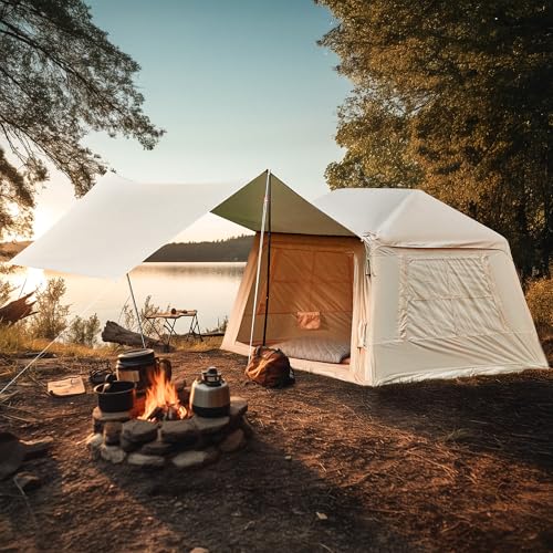 EROMMY aufblasbares Zelt mit großem Vordach, Luftzelt für 4 Personen, Schnellaufbau mit Luftpumpe, Campingzelt für Outdoor-Abenteuer(260X220X180CM)