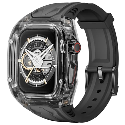 Delidigi Kompatibel mit Apple Watch Armband Series 9/8/7/6/5/4/SE/SE2 45mm 44mm mit Schutzhülle, Robustes Sport TPU Armband mit Durchsichtige Gehäuse für Männer Frauen Schwarz