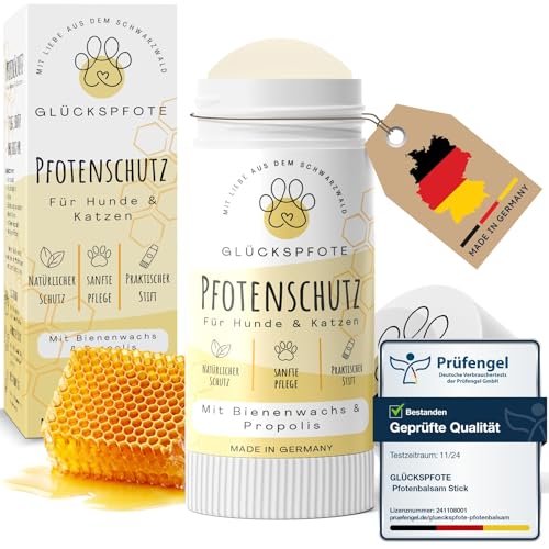 GLÜCKSPFOTE® Pfotenbalsam Stick für Hund Katze [Testsieger] |100% Natürlich gegen trockene rissige Pfoten | Pfotenpflege mit Bienenwachs ideal als Pfotenschutz für Sommer Winter f. Hunde Katzen.