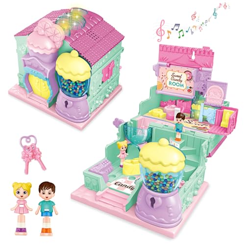 deAO Dollhouse, Mini Puppenhaus zum Mitnehmen, Miniature House Süßwarenladen Pocket World, Klappbar Möbel Familie Spielzeug mit Schlafzimmer Bad, Geeignet Geburtstag für Kinder ab 3 Jahren