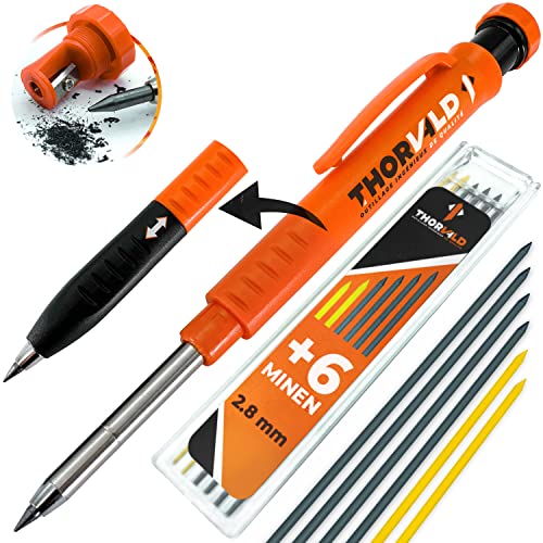 THORVALD Robuster Tieflochmarker Bleistift [+ 7 Minen + Spitzer + Schreibgriff] Set - Zimmermannsbleistift Dicke -Bohrlochmarker Druckbleistift Handwerker Holz Metall Beton Bau Baustelle