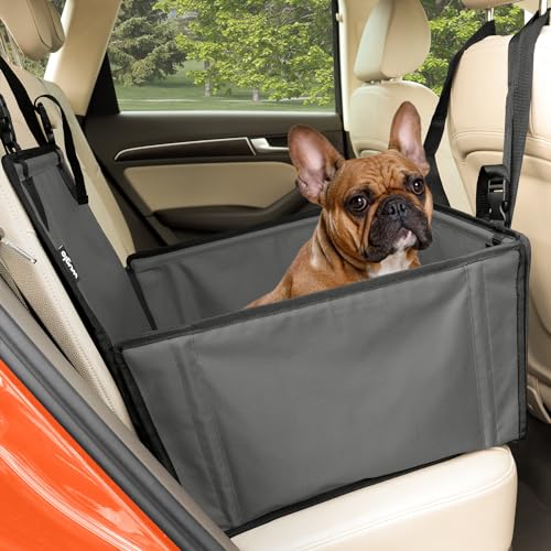 Extra Stabiler Hunde Autositz - Verstärkter Autositz für kleine und mittlere Hunde mit 4 Befestigungsgurten - Hochwertiger und wasserdichter Hundeautositz für den Rücksitz im Autos (S-Größe, Grau)