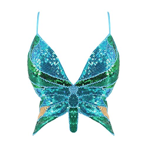 WanWorlder Damen Bauchtanz Kostüm BH Oberteil mit Pailletten Perlen Schmetterling Träger Halfter Crop Top Belly Dance Tanzkleidung (Blau C, Freesize)