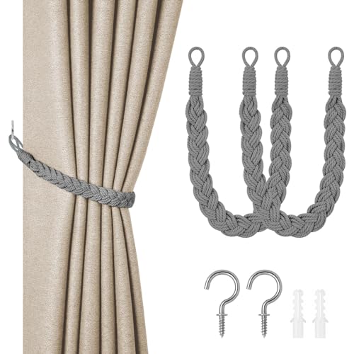 HOTUT Vorhang Raffhalter, 2 Stück Curtain Rope Buckle, Handgestrickte Vorhang-Raffhalter,Vorhangbinder, Gardinen Raffhalter für Haus Office, Wohnzimmer, Schlafzimmer-Grau