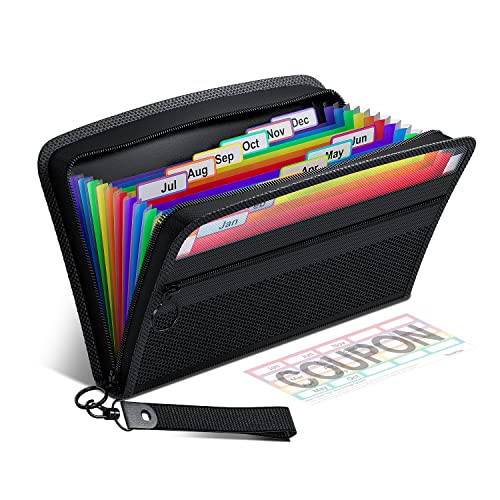 ThinkTex Quittung Coupon Organizer, 12 Taschen kleine Akkordeon-Datei Veranstalter, klein Größe 28 x 15 cm, Reißverschluss, Bunt Etiketten
