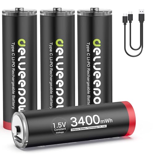 Delyeepow USB-C AA Akkus Lithium Wiederaufladbare, 1.5V 3400mWh USB Wiederaufladbare AA Batterien mit 2-in-1 USB-C Ladekabel, 1 Stunden Schnellladung, 1500 Zyklus, 4 Stück