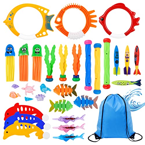 DICLLY Premium Tauchspielzeug-Set,38-teiliges Pool Spielzeug für Kinder 5-12 Jahre,Unterwasser Tauchringe,Torpedos,Edelsteine,Haie,Algen,Fischgräten,Fisch-Spielzeuge,Quallen und Aufbewahrungstasche