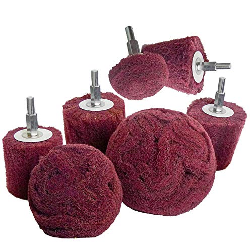 Schleifkopf zum Polieren bürsten geformter Scheuerschwamm – 7-teiliges rotes Vlies-Schleifbohrer-Set mit 1/4-Zoll-Griff für Krümmer/Aluminium/Edelstahl/Chrom usw