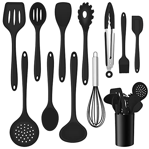 Küchenhelfer Set, Onader 12 teiligs Silikon Kochutensilien Kochbesteck Set, Antihaft Hitzebeständiger Kochgeschirr Küchenutensilien Set mit Utensilienhalter, Spülmaschinengeeignet - Schwarz