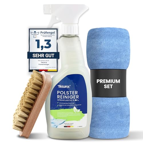 Treufix - Polsterreiniger & Teppichreiniger für Autositze, Sofa & Couch [Profi SET inkl. Polsterbürste & Mikrofasertuch] Effektiver Sofa Reiniger für maximale Sauberkeit 500 ml - Made in DE