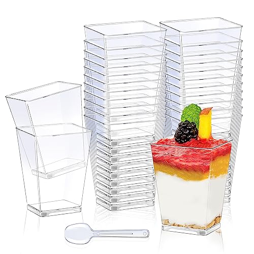 Desserttassen 50 Stück,160ml Plastik Dessertbecher mit Löffeln Wiederverwendbar Quadratisches Dessertbecher Set für Mousse Pudding Eis Buffet Hochzeiten Geburtstag Party