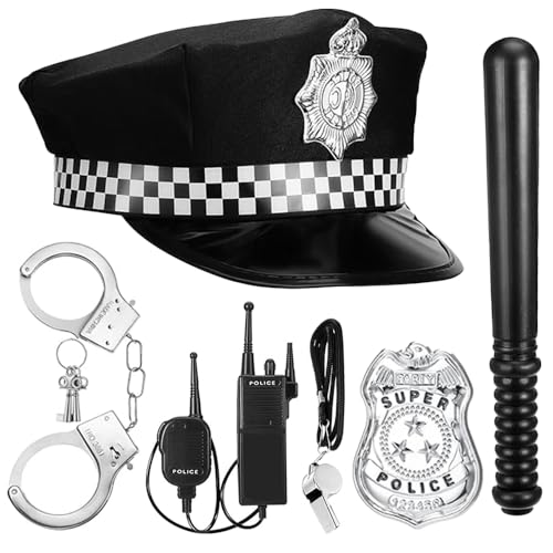 Mineup Polizei Kostüm Zubehör, 7 Stück Polizei Zubehör Set, Polizei Kostüm Kinder Damen Herren, mit Polizeihut Walkie Talkies Handschellen Abzeichen Baton Pfeife für Cosplay Mottoparty Karneval