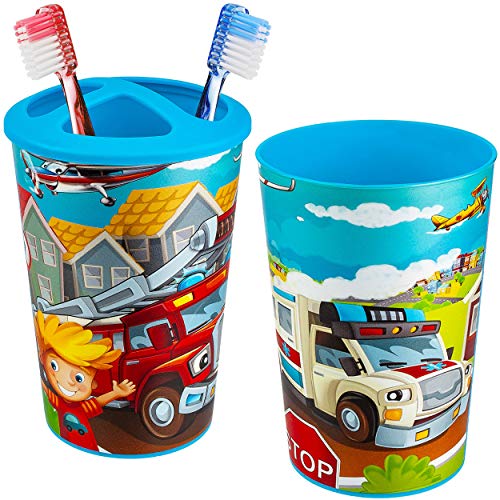 alles-meine.de GmbH Badezimmerset: Zahnbürstenhalter + Kinderzahnputzbecher - Auto - Fahrzeuge & Feuerwehr - Zahnputzset - Zahnbürstenbecher - für Zahnbürste - Becher - Kinderzah..