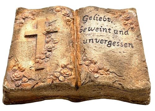 Bambelaa! Grabschmuck Deko Trauerartikel Kreuz auf Buch Geliebt Beweint Unvergessen Ton Ca. 20 x 15 x 4 cm Wetterfest - Grabdeko Grabmale Grabstein Grabbuch Grabartikel Stein Mit Gravur