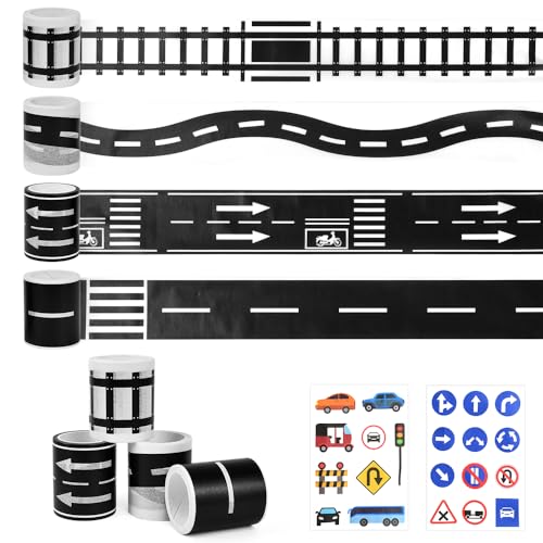 ADERTOS 4 Rollen Road Tape Autobahn Selbstklebend Straßenband Tape 5cmx5m Washi Tape Kinder Straße Straßenband Kleber Eisenbahnen Klebeband mit Verkehrszeichen Aufkleber für Kunst, DIY Handwerk
