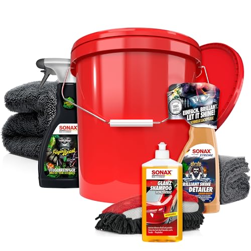 Autowäsche Set - SONAX: Autoshampoo, Felgenbeast Felgenreiniger, Brilliant Shine Detailer - Detailmate: Trockentuch, Waschhandschuh, Wascheimer mit Deckel - Autoreinigungsset Aussen