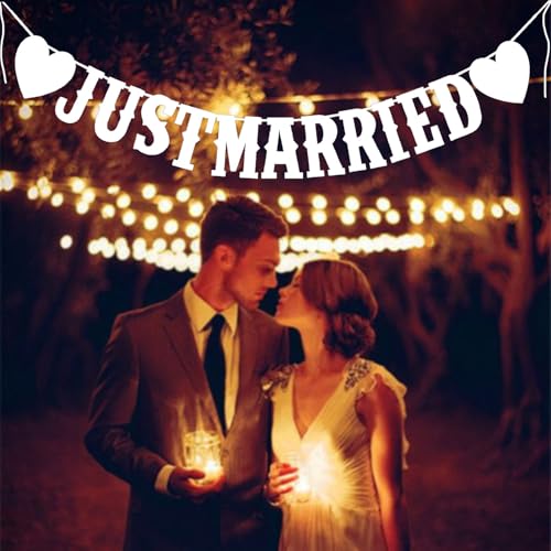 1 x Just Married Banner mit Herzen, Hochzeitsdekoration, Dekoration zum Aufhängen, für Hochzeitsfeier