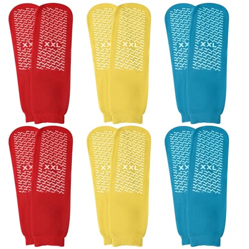 Panitay 6 Paar Slipper-Socken aus Frottee, rutschfest, für Erwachsene, Zuhause, Krankenhaus, Blau, Rot und Gelb, 7.5-10