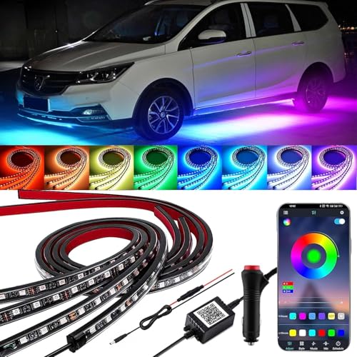 4 Set Bodenbeleuchtungs Kit für Auto, APP-Kontrolle Mehrfarbige Unterbodenleuchten für Autos, Musiksynchronisation RGB Streifenlicht, 252 wasserdichte LEDs für Auto Lastwagen und SUV