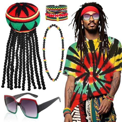 5 Stück Rasta Kostüm Zubehör Set, Jamaika Reggae Outfit Kit mit Dreadlocks Perückenkappe BatikfärbungT-Shirt Rasta Sonnenbrille Halskette Geflochtene Armband für Männer Frauen Karneval Cosplay Party