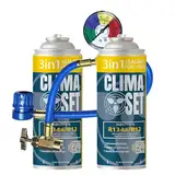 ClimaSet 3in1 R134a Kältemittel Ersatzgas - Kühlmittel Klima Auto mit Klima Dichtmittel und Öl - Gasflasche 2x170 g Auto Klimaanlage Nachfüllset - Klimaanlage Wohnmobil Klimaanlage Schlauch