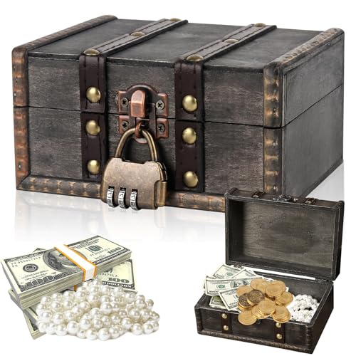 Forbabe Schatztruhe Holz, Vintage Schatzkiste mit Zahlenschloss Klein Piratenschatztruhe Holz Aufbewahrung Schatzkiste Schmuckkästchen mit Deckel für Aufbewahren und Dekorieren (15x12x8cm, Grau)