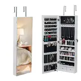 LEADZM Schmuckschrank Hängend, Wandspiegel, Spiegelschrank, Abschließbarer Wandschrank, Hängeschrank, Schmuckaufbewahrung, Schmuck-Organizer, 37 x 10 x 108 cm, Weiß