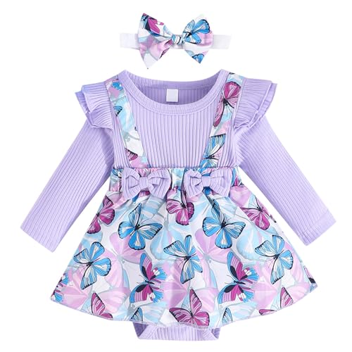 Kunyeah Baby Mädchen Kleidung Outfit Säugling gerippt Bodysuit Langarm Schmetterling Druck Strampler Kleid Neugeborenen Rock mit Stirnband
