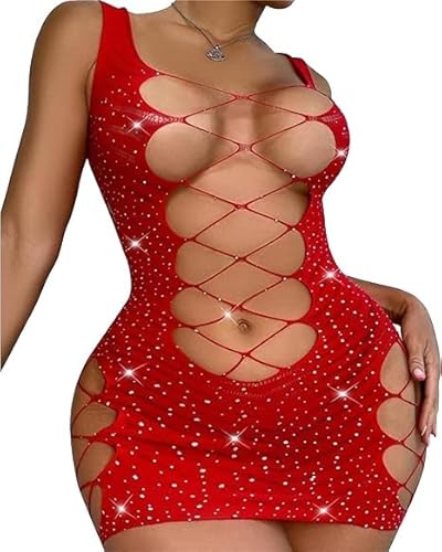 Damen Partykleid,Damen Kurzes Kleid aus Fischnetz,Clubwear Partykleid Mesh-Einsätze，Sexy Minikleid Dessous Set，Sexy Bodycon Fischnetz Minikleid (Rot)