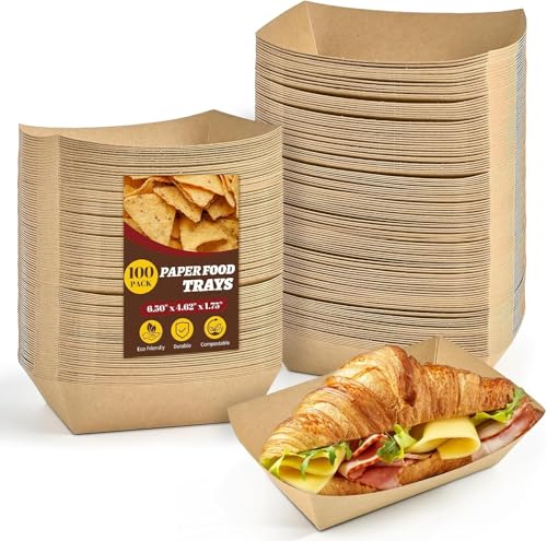 LATERN 100 Stück Kraftpapier Lebensmittel Schalen, 16CM x 12CM Robuste Papier Schiffchen Einweg Servier Tablett für Pommes Fritten Nachos Snack Hot Dog Taco Popcorn Grillen Picknick Hochzeit Party