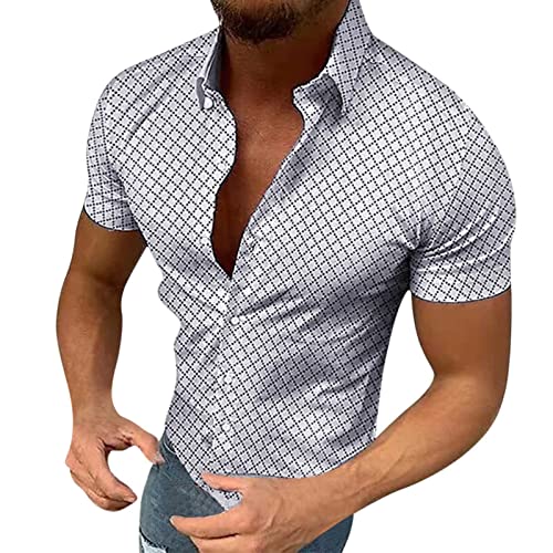 Generisch Lässig Bequeme Bedrucktes Herren Hemden Kurzarm Umlegekragen Kurzarmhemd Vintage Modische Übergröße Party Hemden (White, L)