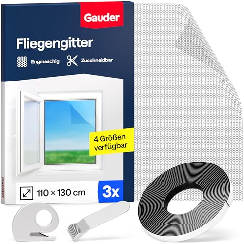 GAUDER Fliegengitter für Fenster (3 Stück | 110 x 130 cm | schwarz) aus Polyester | Insektenschutz ohne Bohren | Fliegengitter mit Klettband | Fliegennetz & Mückennetz für Fenster