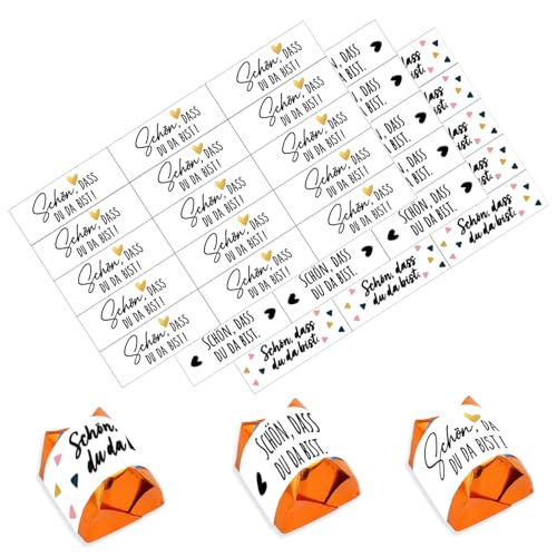 Fakindiy 135x Schön, dass du da bist Sticker – Süße Deko für Schokolade, Hochzeit & Geburtstag – Perfekt als Gastgeschenk, Anhänger oder Stempel – Hochwertige selbstklebende Aufkleber in 3 Designs