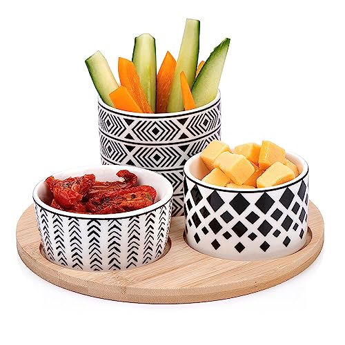 Murago - Tapas Snackplatte 4tlg Set - Bambus Keramik Snack Schalen Teller Platte Brett Serviertablett Schälchen Knabberschale Servierrschale Dips Vorspeisen Oliven Süßigkeiten Nüsse Holz