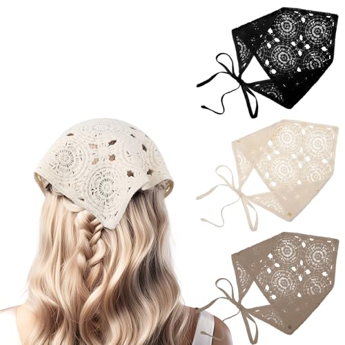 Sorcristy 3 Stück Kopftuch Damen Sommer, Kopftücher Boho Stirnbänder Kopfbedeckung Gehäkeltes Blumen Gänseblümchen Kopftücher Gestrickt Elastisches Haarschal Haartücher für Damen Mädchen