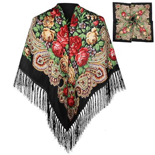 BAIFUMEN Traditioneller Schal & Seidentuch für Damen 135x135/80x80 cm - Traditionelles Baumwoll-Trachtentuch mit Retro-Fransen - 2-in-1 Accessoire für elegante Outfits