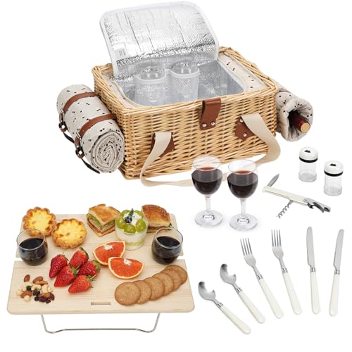 Picknickkorb-Set mit Mini-Klapptisch und Besteck-Set, Picknickkorb für 2 Personen mit kühltaschen, Flechtkorb mit Henkel, Weidenkorb Geschenkset für Picknick Camping Outdoor Party (Kirsche)