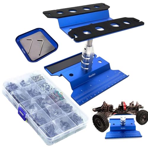 Aluminium RC Auto Reparatur Arbeitsständer Reparatur Werkzeugset 360 Grad Drehung und 610 Stück RC Schrauben Kit für 1/8 1/10 1/12 1/16 1/18 RC Auto LKW Waage Crawler (RC Arbeitsständer + RC Schrauben