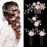 Andibro 4 Stück Braut Hochzeit Haarkämme,Rosa Blumen Strass Haarnadel Kristall Haar Accessoires Perlen Kopfschmuck Hochsteckfrisur für Frauen Mädchen Party Abschlussball Brautjungfern Blumenmädchen