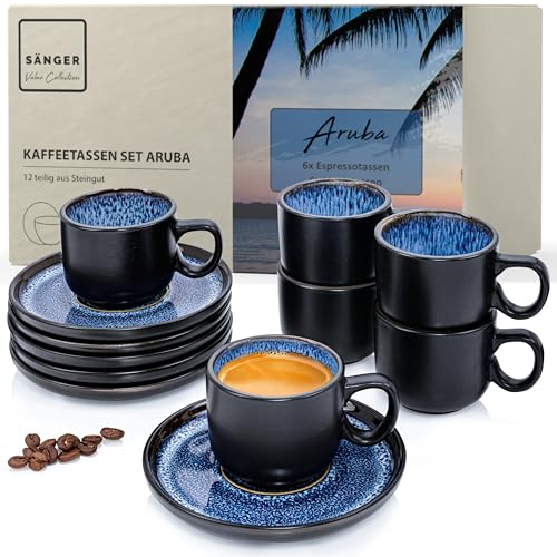SÄNGER Aruba | Espressotassen Set Steingut 12 teilig, Mokka Tassen Set 6 Personen, Tassen & Untertassen - spülmaschinenfest mikrowellenfest - Tassenset blau mit schwarzem Rand 80 ml | VALUE COLLECTION