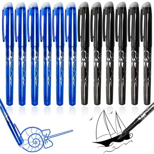 Teokantz 12 Stück Radierstifte, 0.5mm Radierbare Stifte, Tintenroller Radierbar, Kugelschreiber Radierbar, Erasable Pen für Schulen Büroräume Malerei - 6 Blau 6 Schwarz