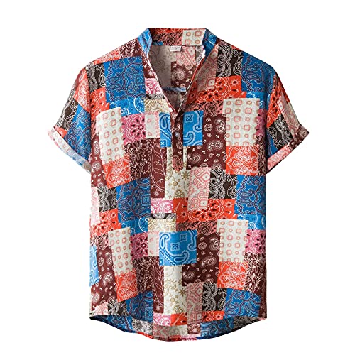 Yowablo Bluse Herren Sommer Mode Stehkragen Druck Baumwolle-Leinen Kurzarm Top (XL,rot-1)