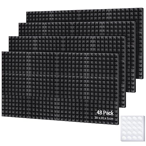 Ohuhu Akustikschaumstoff Akustikpaneele 48 Stück mit Aufkleber, 30 x 30 x 5 cm Pyramidenplatten Schallschutz Wand Schallschutzplatten Schalldämmung für Tonstudio Podcasts Youtube-Zimmer, Anthrazit