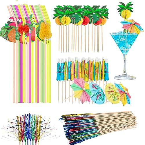 130 Stück Cocktail Deko, Cocktail Zubehör Deko, Cocktail Schirmchen, Cocktail Dekoration, Strohhalme, Cocktail Party Dekorationen für Hochzeit Sommer Party Obst Getränke
