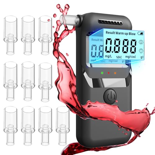 Alkoholtester Polizeigenau - Tragbarer Promillemessgerät mit digitaler LCD - Anzeige und 10 Düsen, Professioneller Alkoholmeter mit Gradgenauigkeit für den Einsatz in Autos, Wohnungen,Restaurants,Bars