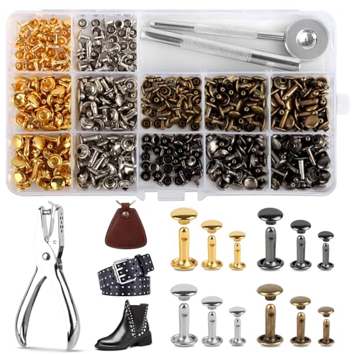 Leder Nieten Set, 180 Stück Metallniete Doppelkappe mit Nietenzange und Lochzange Hohlnieten 12mm 8mm 6mm Nieten für Leder Nieten und Kleidung, mit 3 Werkzeug für DIY Lederhandwerk Kleidung Dekoration